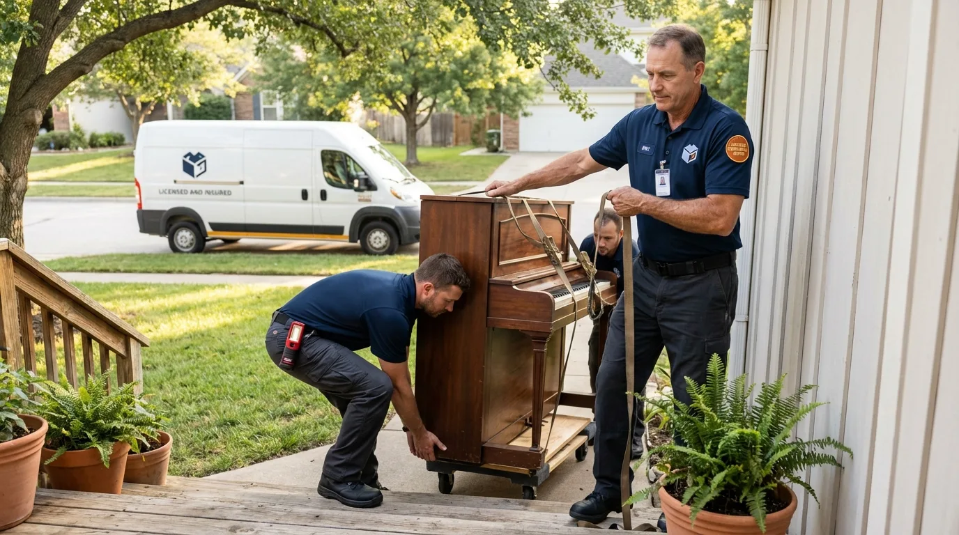 Licensed piano movers securing grand piano in Gloucester, MA